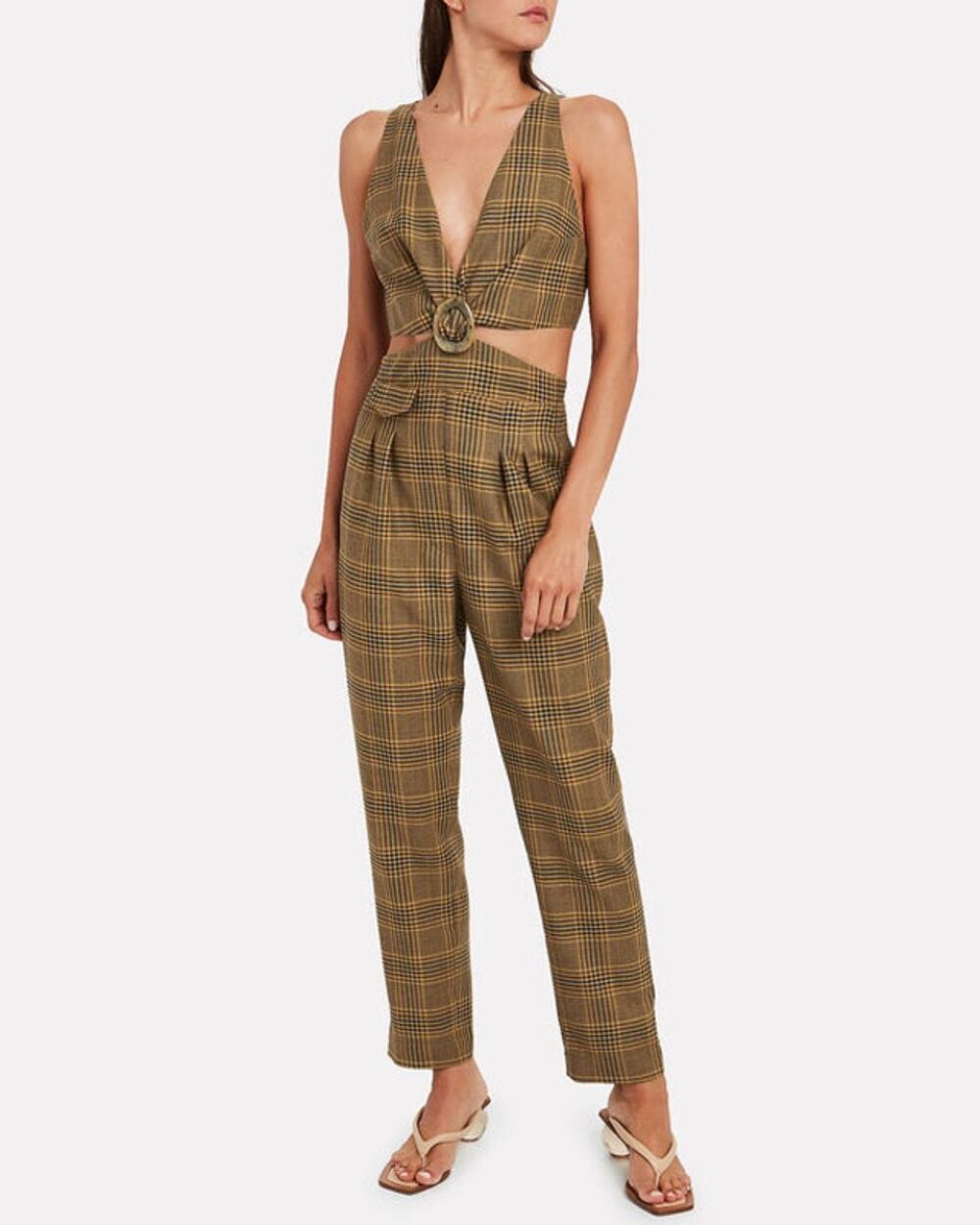 Nanushka Amor Summer Tweed Cut Out Brown Check V-Neck Sleeveless Jumpsuit XS